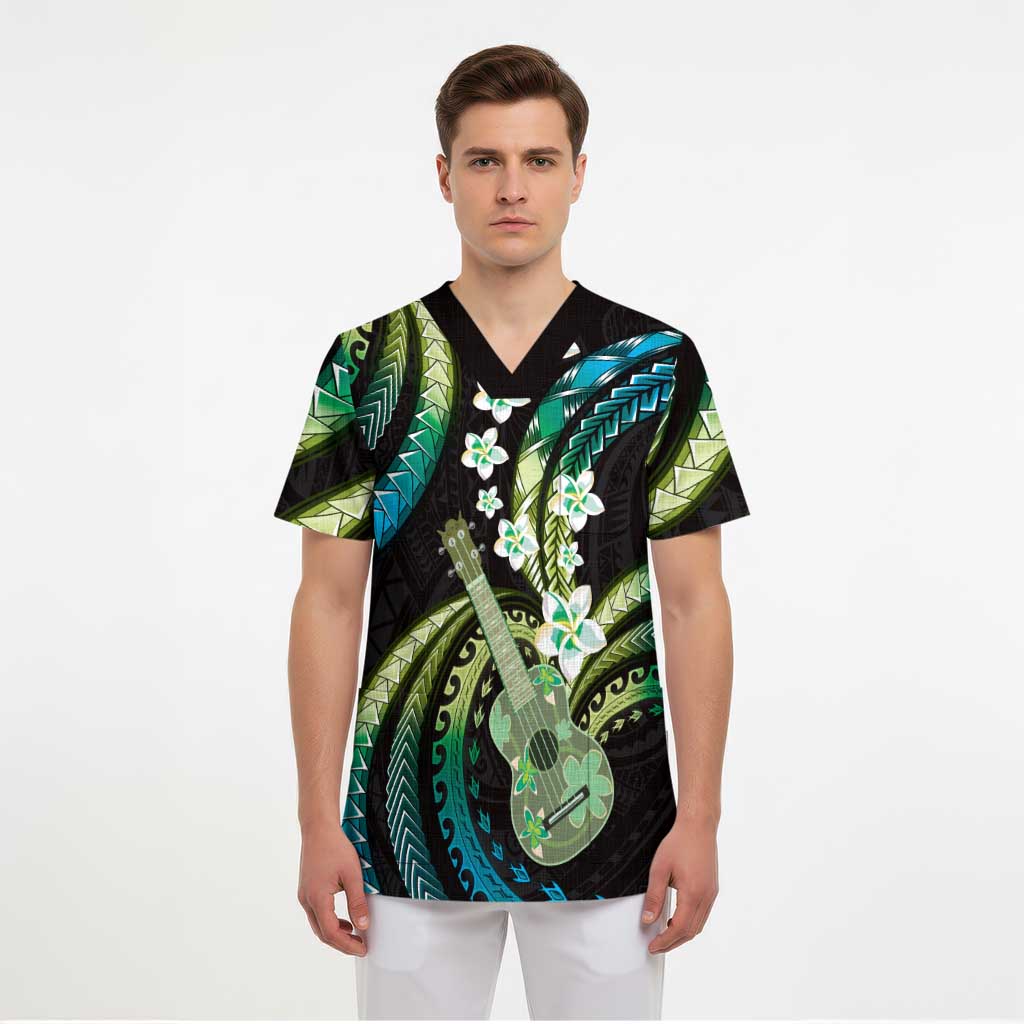 Hawaiian Ukulele Scrub Top Chartreuse Cyan Fantastic Plumeria - Polynesian Pride