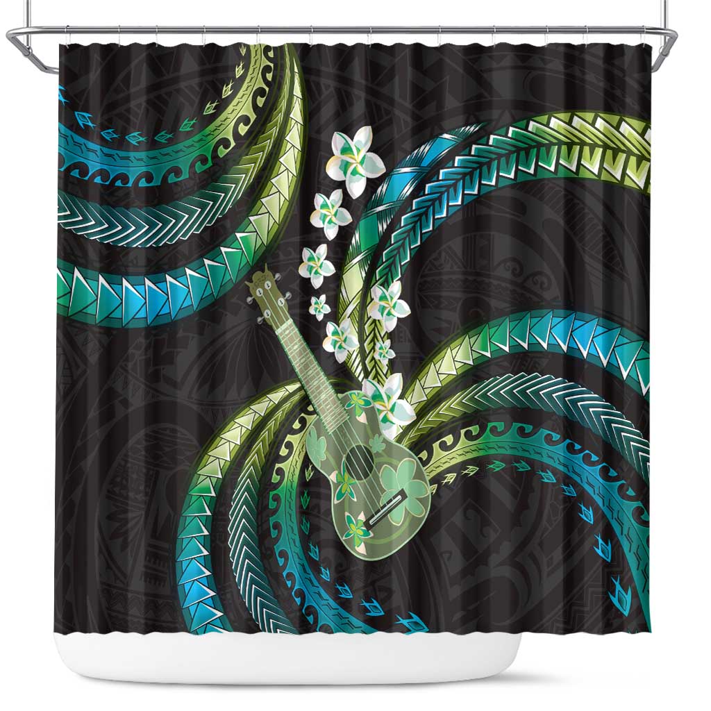 Hawaiian Ukulele Shower Curtain Chartreuse Cyan Fantastic Plumeria LT01 Cyan - Polynesian Pride