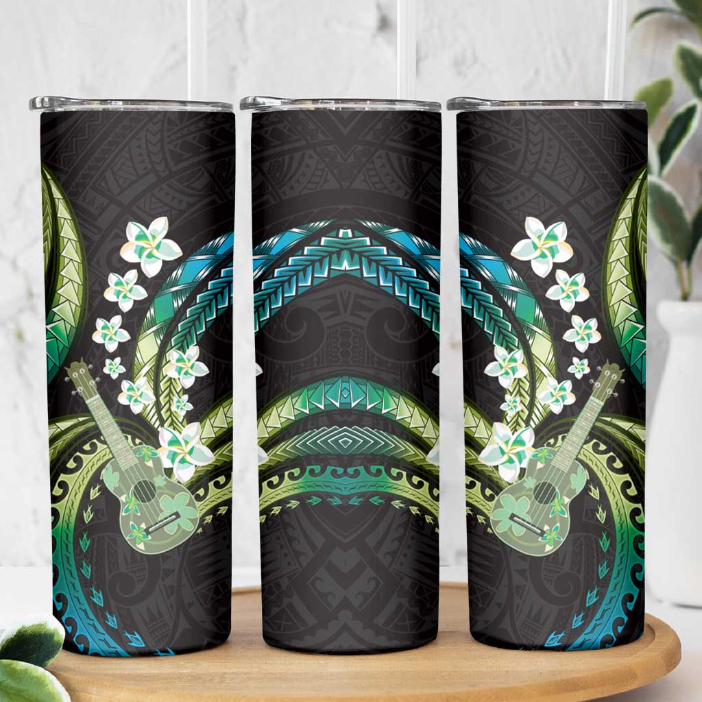Hawaiian Ukulele Skinny Tumbler Chartreuse Cyan Fantastic Plumeria