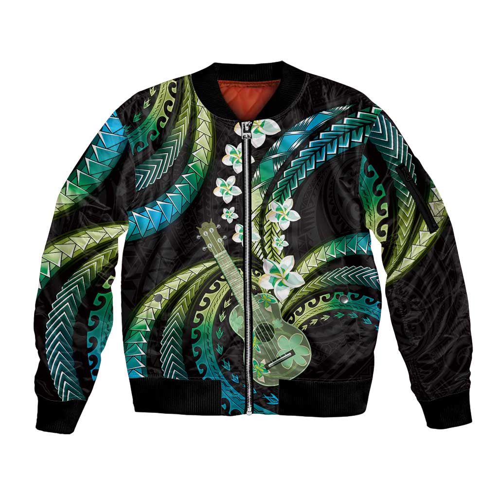 Hawaiian Ukulele Sleeve Zip Bomber Jacket Chartreuse Cyan Fantastic Plumeria