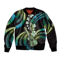 Hawaiian Ukulele Sleeve Zip Bomber Jacket Chartreuse Cyan Fantastic Plumeria LT01 Unisex Cyan - Polynesian Pride