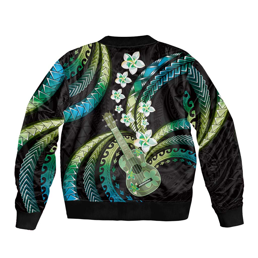 Hawaiian Ukulele Sleeve Zip Bomber Jacket Chartreuse Cyan Fantastic Plumeria LT01 - Polynesian Pride