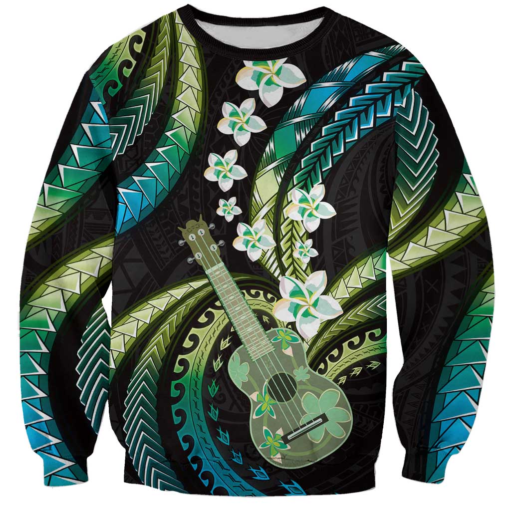 Hawaiian Ukulele Sweatshirt Chartreuse Cyan Fantastic Plumeria LT01 Unisex Cyan - Polynesian Pride