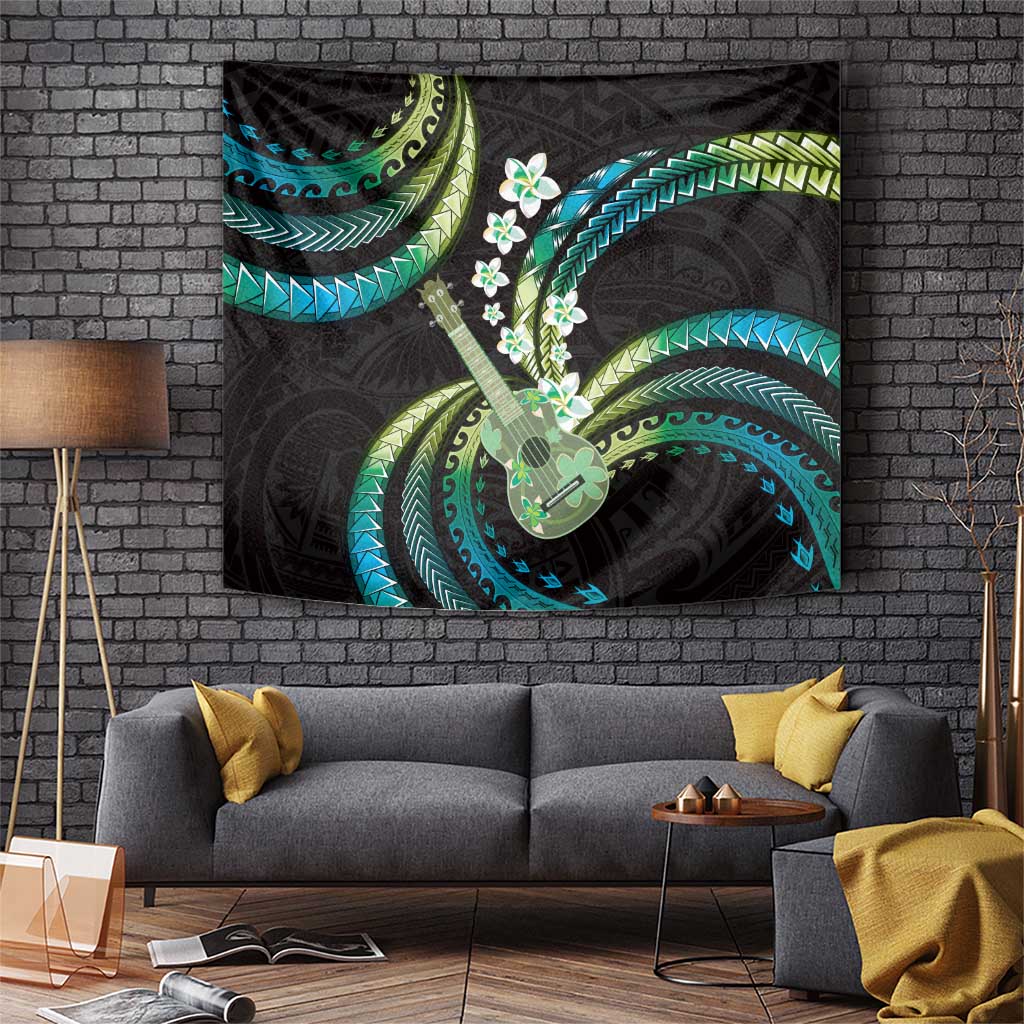 Hawaiian Ukulele Tapestry Chartreuse Cyan Fantastic Plumeria LT01 Cyan - Polynesian Pride