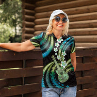 Hawaiian Ukulele Women Polo Shirt Chartreuse Cyan Fantastic Plumeria