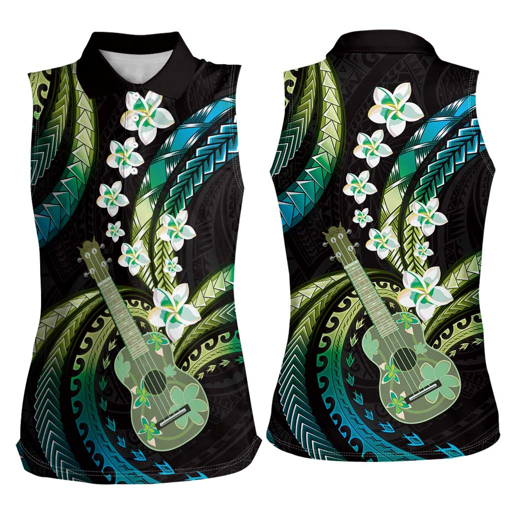 Hawaiian Ukulele Women Sleeveless Polo Shirt Chartreuse Cyan Fantastic Plumeria