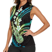 Hawaiian Ukulele Women Sleeveless Polo Shirt Chartreuse Cyan Fantastic Plumeria