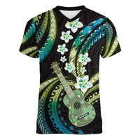 Hawaiian Ukulele Women V-Neck T-Shirt Chartreuse Cyan Fantastic Plumeria LT01 Female Cyan - Polynesian Pride