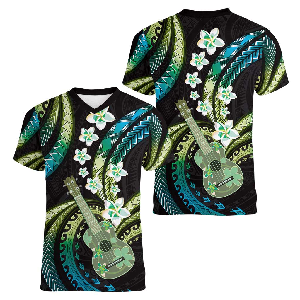Hawaiian Ukulele Women V-Neck T-Shirt Chartreuse Cyan Fantastic Plumeria LT01 - Polynesian Pride
