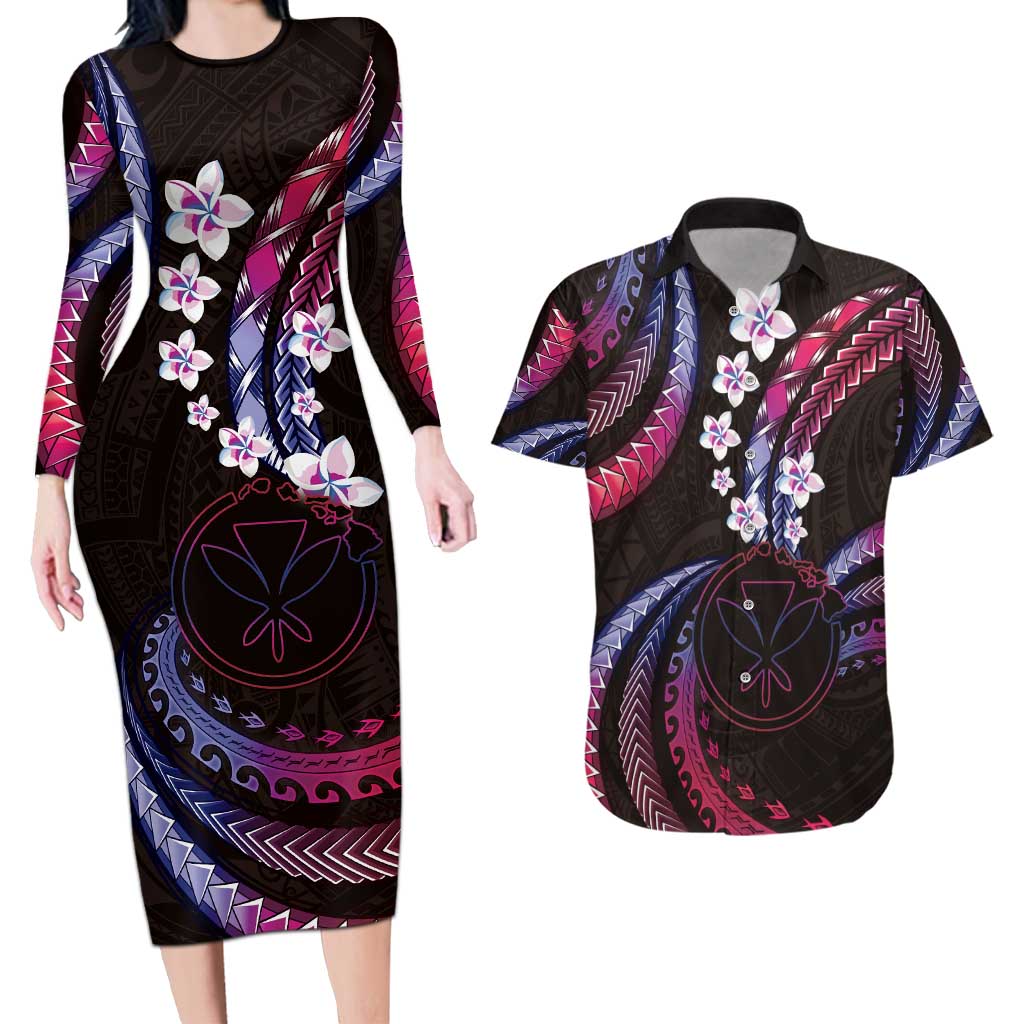 Hawaii Map Kanaka Maoli Couples Matching Long Sleeve Bodycon Dress and Hawaiian Shirt Fantastic Frangipani Sweet Dream