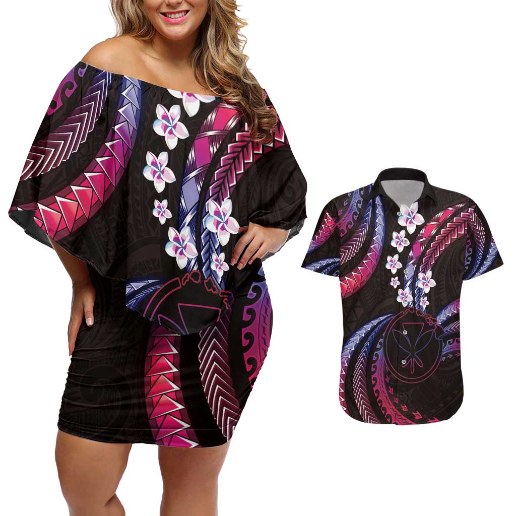 Hawaii Map Kanaka Maoli Couples Matching Off Shoulder Short Dress and Hawaiian Shirt Fantastic Frangipani Sweet Dream
