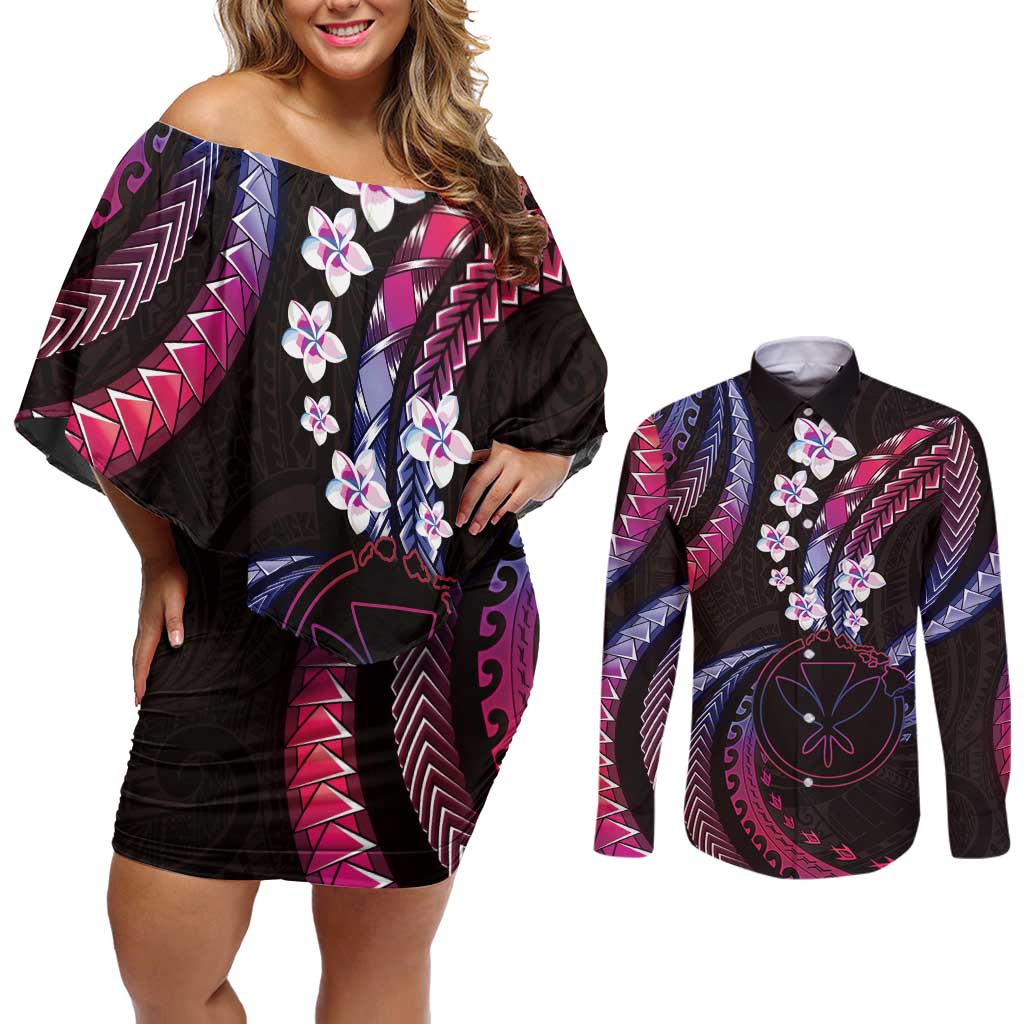 Hawaii Map Kanaka Maoli Couples Matching Off Shoulder Short Dress and Long Sleeve Button Shirt Fantastic Frangipani Sweet Dream