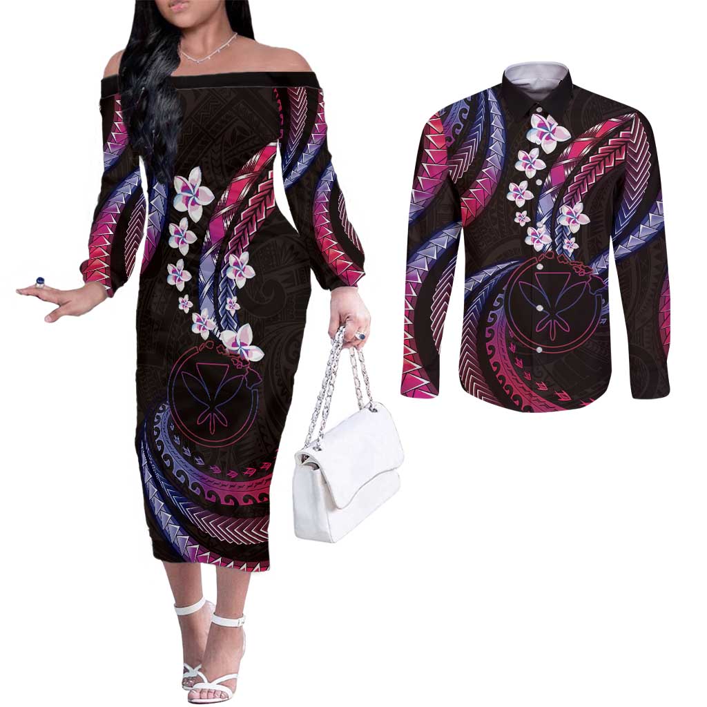 Hawaii Map Kanaka Maoli Couples Matching Off The Shoulder Long Sleeve Dress and Long Sleeve Button Shirt Fantastic Frangipani Sweet Dream