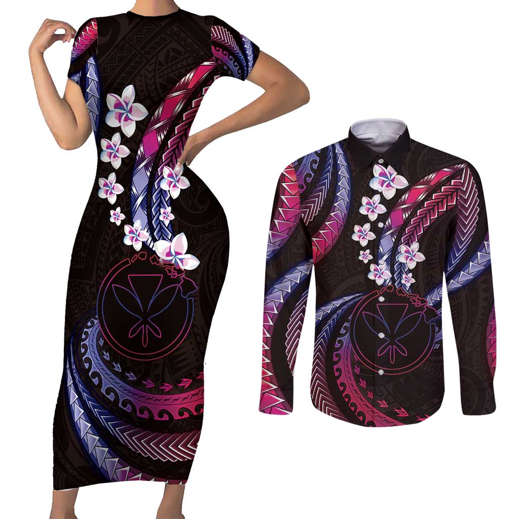 Hawaii Map Kanaka Maoli Couples Matching Short Sleeve Bodycon Dress and Long Sleeve Button Shirt Fantastic Frangipani Sweet Dream