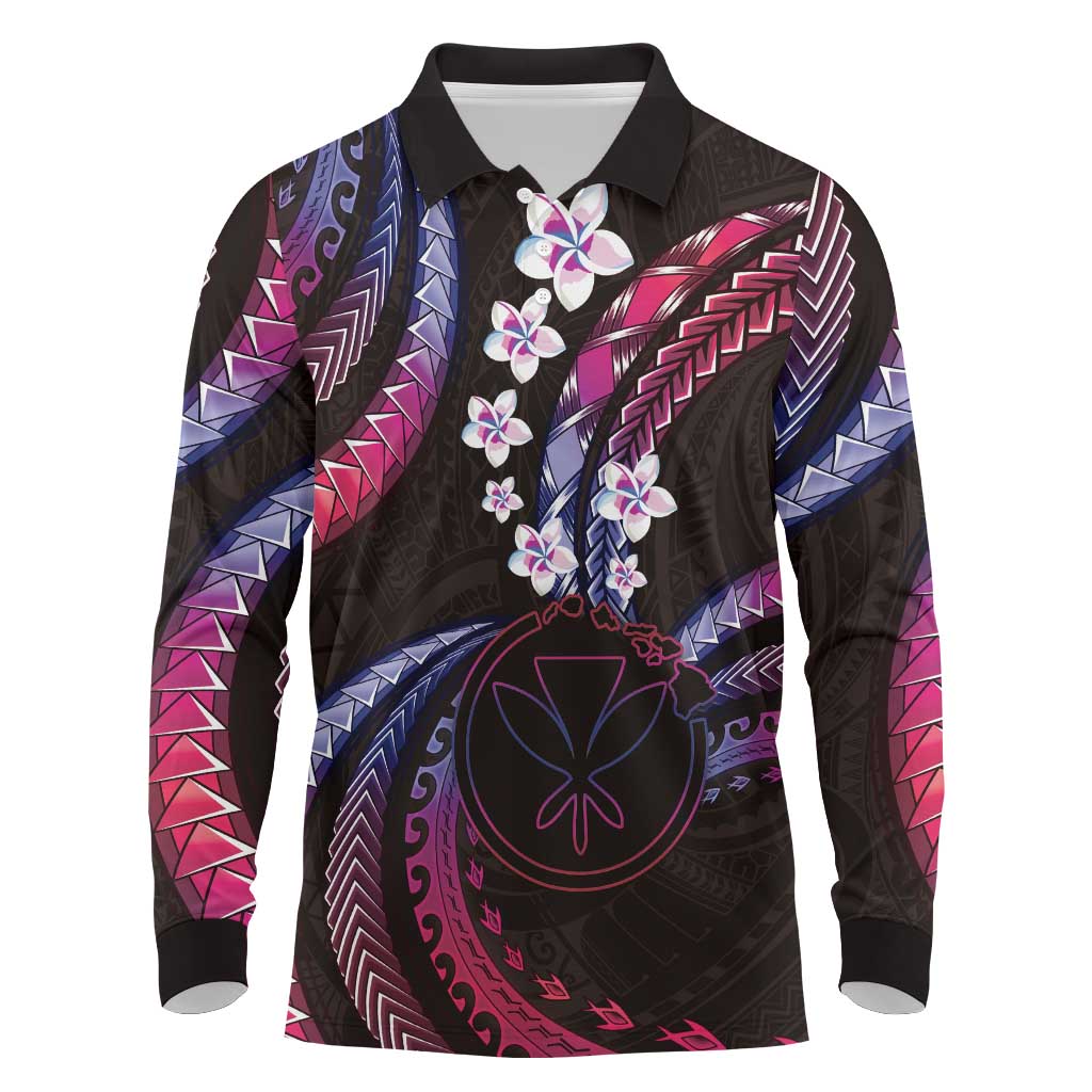 Hawaii Map Kanaka Maoli Long Sleeve Polo Shirt Fantastic Frangipani Sweet Dream