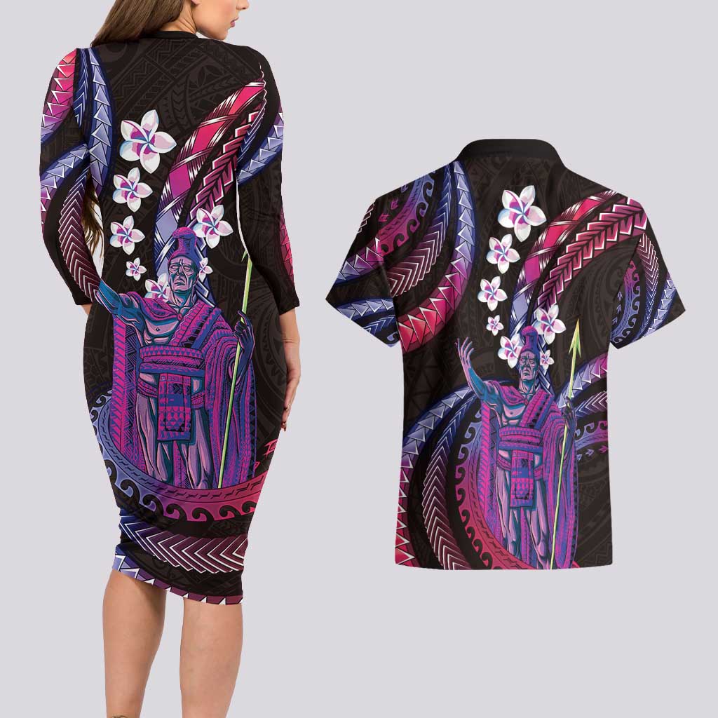 Hawaii King Kamehameha Couples Matching Long Sleeve Bodycon Dress and Hawaiian Shirt Fantastic Plumeria Sweet Vibes