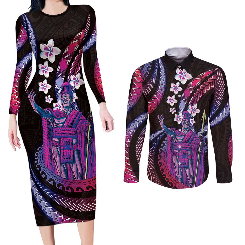 Hawaii King Kamehameha Couples Matching Long Sleeve Bodycon Dress and Long Sleeve Button Shirt Fantastic Plumeria Sweet Vibes