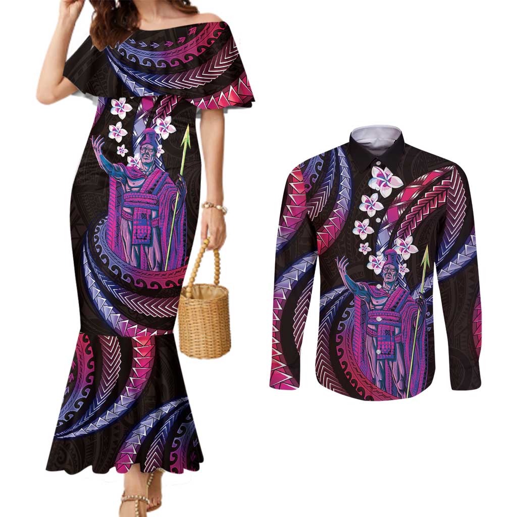 Hawaii King Kamehameha Couples Matching Mermaid Dress and Long Sleeve Button Shirt Fantastic Plumeria Sweet Vibes