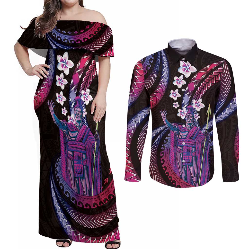 Hawaii King Kamehameha Couples Matching Off Shoulder Maxi Dress and Long Sleeve Button Shirt Fantastic Plumeria Sweet Vibes