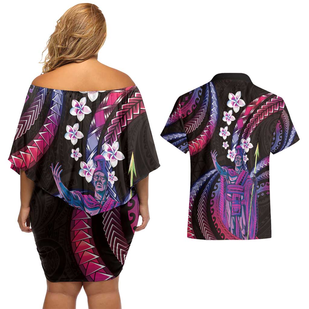 Hawaii King Kamehameha Couples Matching Off Shoulder Short Dress and Hawaiian Shirt Fantastic Plumeria Sweet Vibes