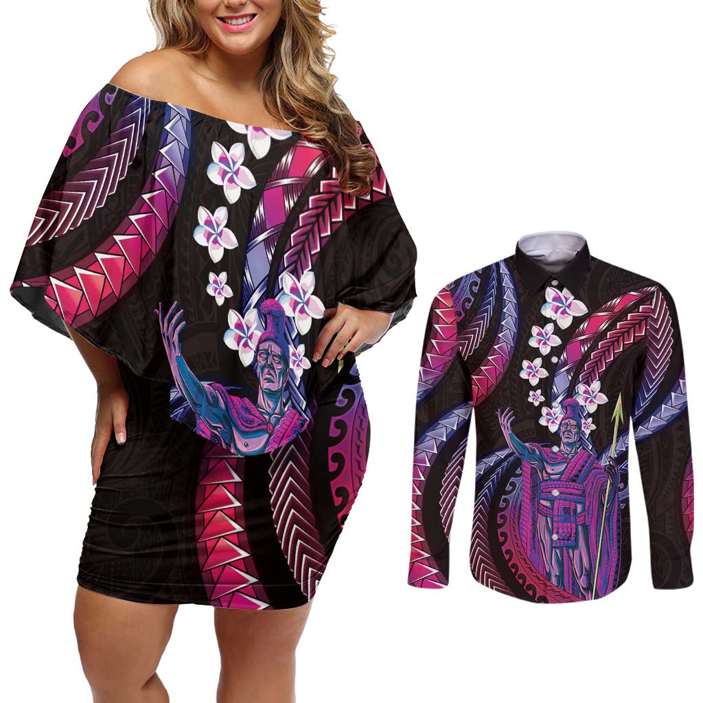 Hawaii King Kamehameha Couples Matching Off Shoulder Short Dress and Long Sleeve Button Shirt Fantastic Plumeria Sweet Vibes