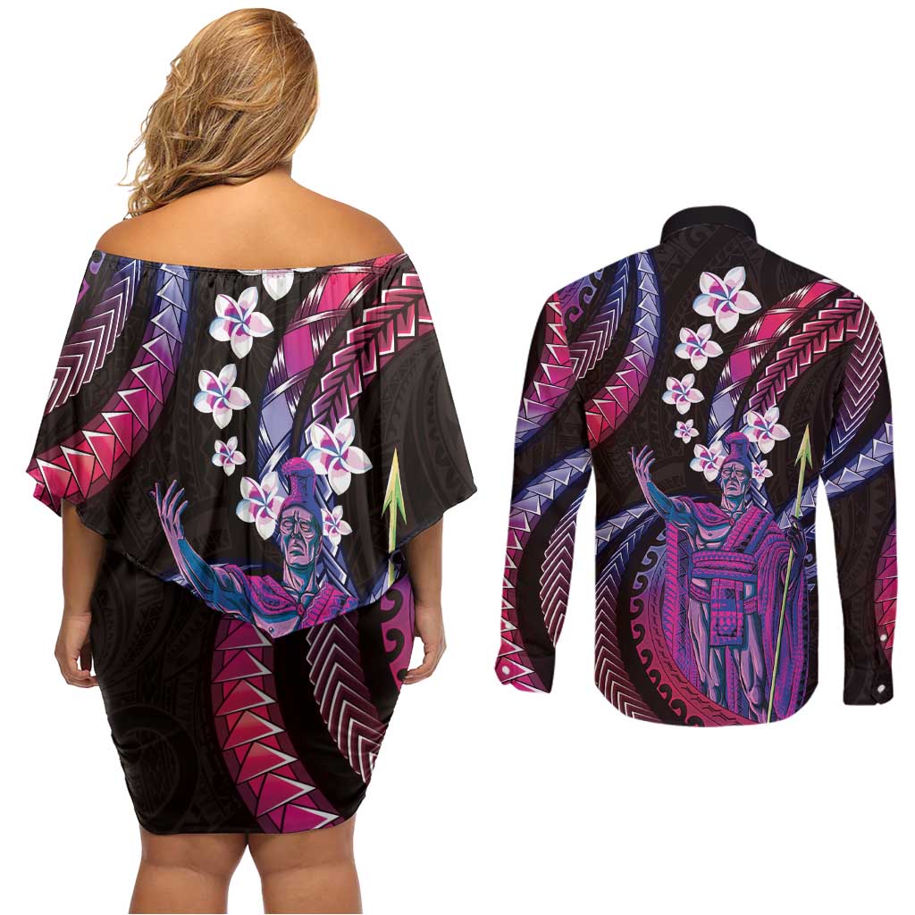 Hawaii King Kamehameha Couples Matching Off Shoulder Short Dress and Long Sleeve Button Shirt Fantastic Plumeria Sweet Vibes