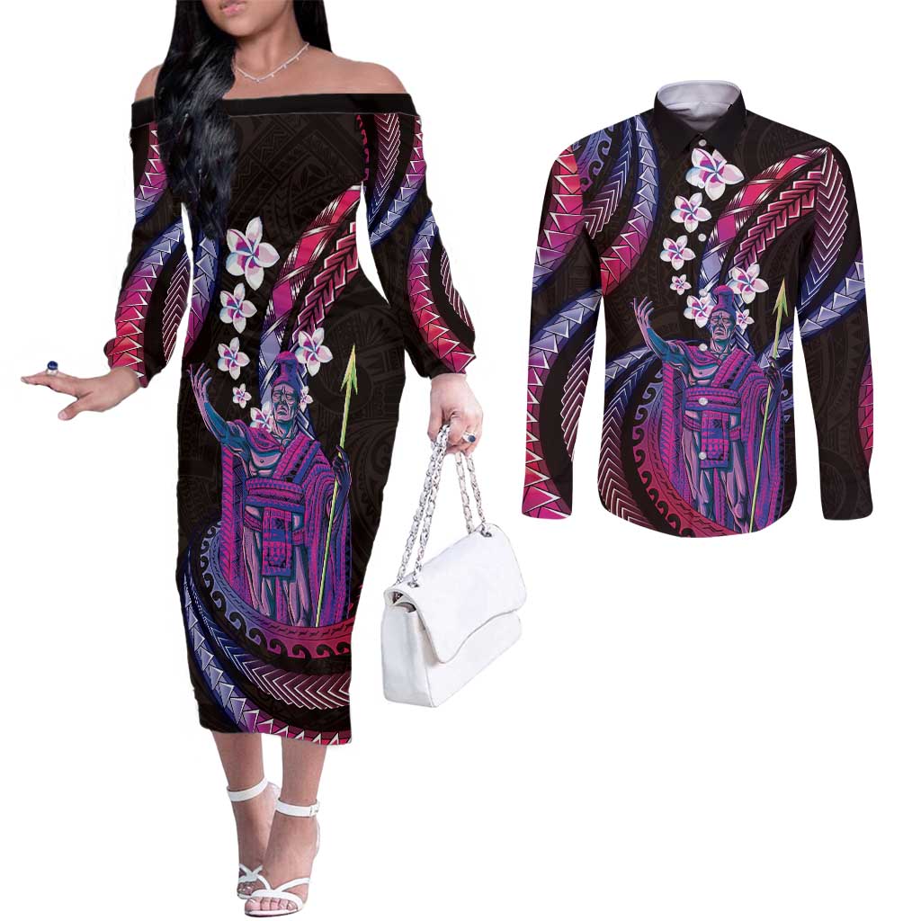 Hawaii King Kamehameha Couples Matching Off The Shoulder Long Sleeve Dress and Long Sleeve Button Shirt Fantastic Plumeria Sweet Vibes