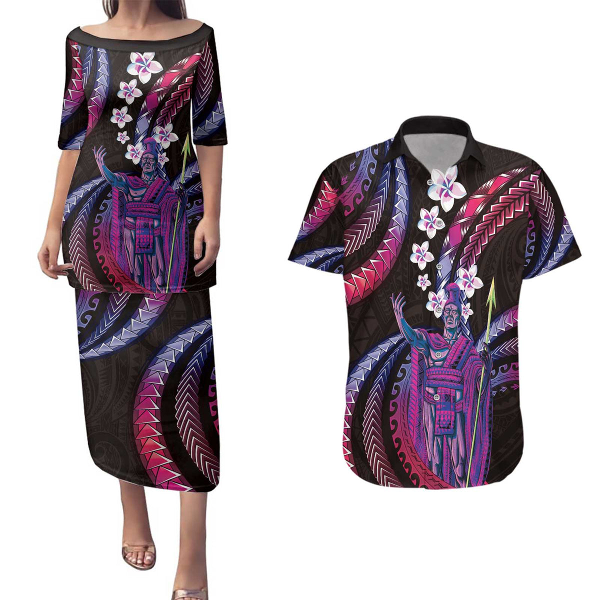 Hawaii King Kamehameha Couples Matching Puletasi and Hawaiian Shirt Fantastic Plumeria Sweet Vibes