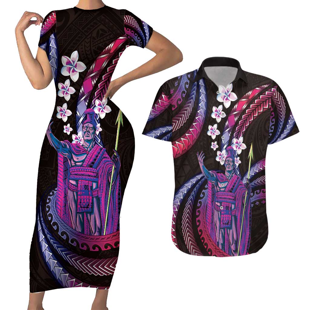 Hawaii King Kamehameha Couples Matching Short Sleeve Bodycon Dress and Hawaiian Shirt Fantastic Plumeria Sweet Vibes