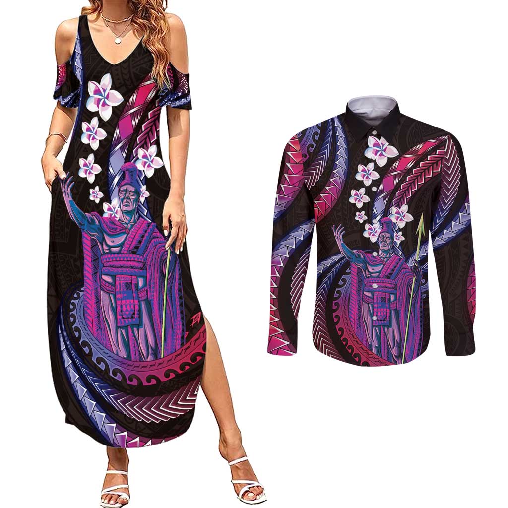 Hawaii King Kamehameha Couples Matching Summer Maxi Dress and Long Sleeve Button Shirt Fantastic Plumeria Sweet Vibes