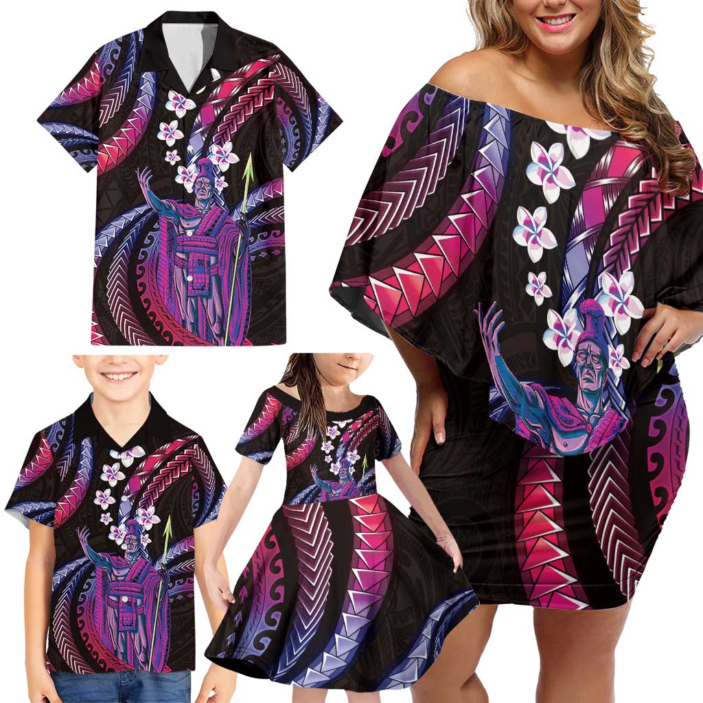 Hawaii King Kamehameha Family Matching Off Shoulder Short Dress and Hawaiian Shirt Fantastic Plumeria Sweet Vibes