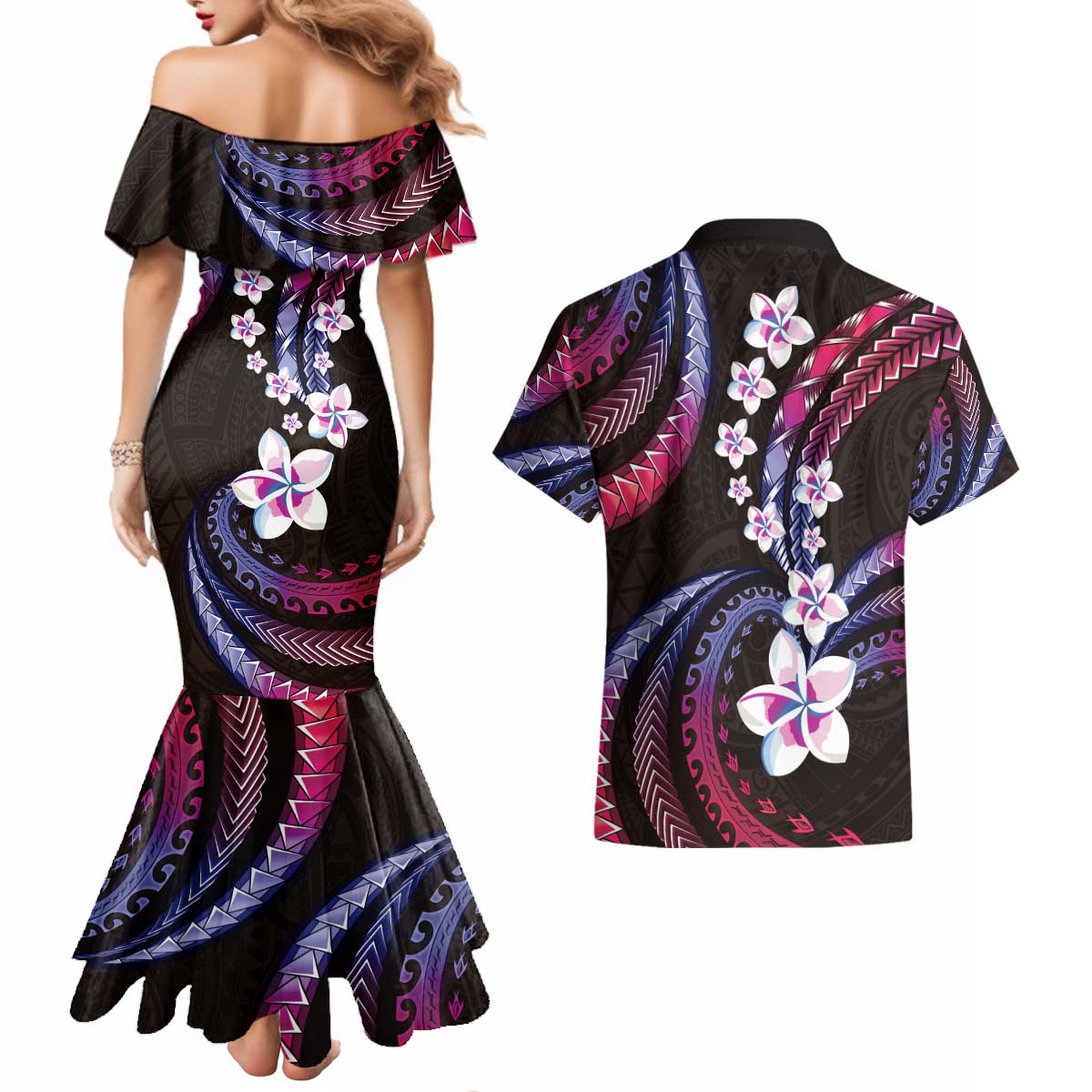 Hawaii Plumeria Couples Matching Mermaid Dress and Hawaiian Shirt Sweet Gradient Polynesian Pattern