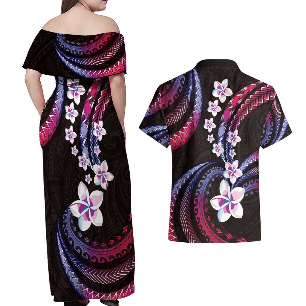 Hawaii Plumeria Couples Matching Off Shoulder Maxi Dress and Hawaiian Shirt Sweet Gradient Polynesian Pattern