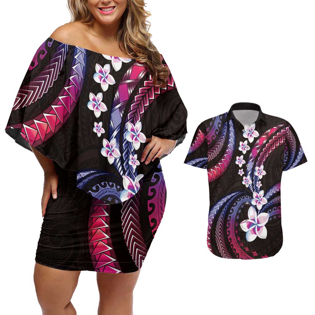 Hawaii Plumeria Couples Matching Off Shoulder Short Dress and Hawaiian Shirt Sweet Gradient Polynesian Pattern