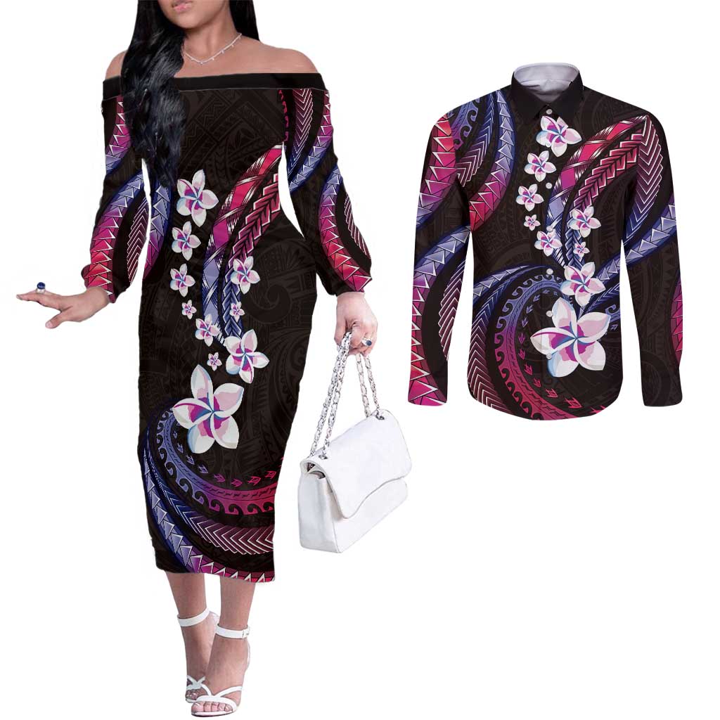 Hawaii Plumeria Couples Matching Off The Shoulder Long Sleeve Dress and Long Sleeve Button Shirt Sweet Gradient Polynesian Pattern