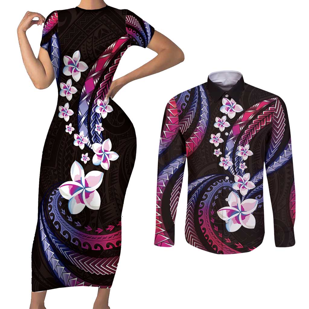 Hawaii Plumeria Couples Matching Short Sleeve Bodycon Dress and Long Sleeve Button Shirt Sweet Gradient Polynesian Pattern