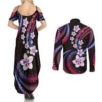Hawaii Plumeria Couples Matching Summer Maxi Dress and Long Sleeve Button Shirt Sweet Gradient Polynesian Pattern