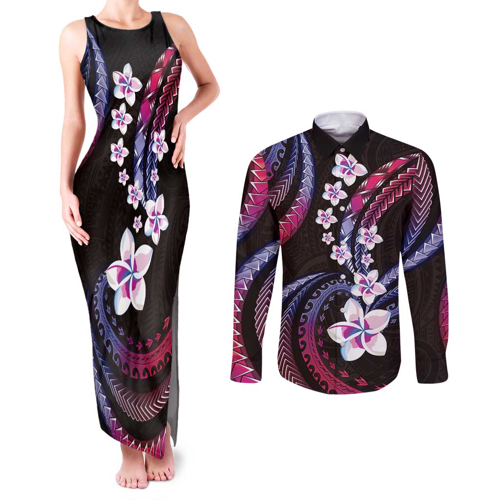 Hawaii Plumeria Couples Matching Tank Maxi Dress and Long Sleeve Button Shirt Sweet Gradient Polynesian Pattern