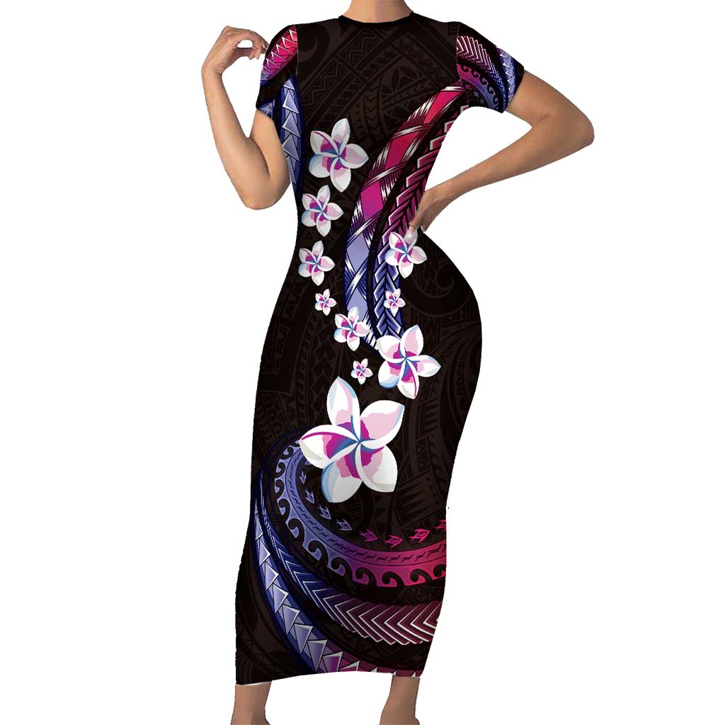 Hawaii Plumeria Short Sleeve Bodycon Dress Sweet Gradient Polynesian Pattern
