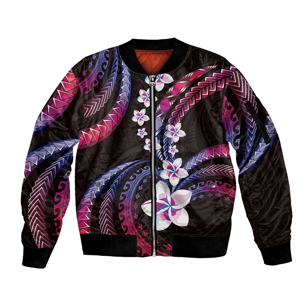 Hawaii Plumeria Sleeve Zip Bomber Jacket Sweet Gradient Polynesian Pattern