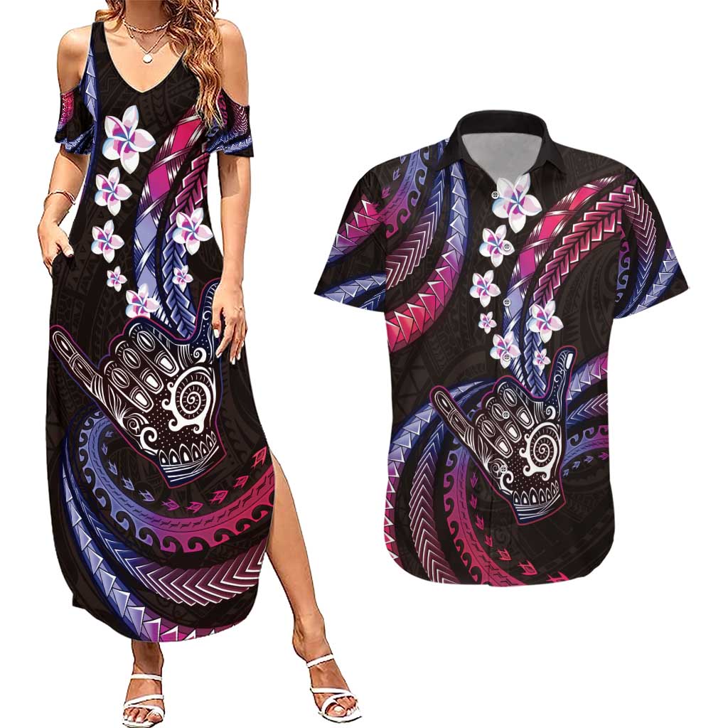 Hawaii Shaka Sign Couples Matching Summer Maxi Dress and Hawaiian Shirt Fantastic Frangipani Sweet Vibes