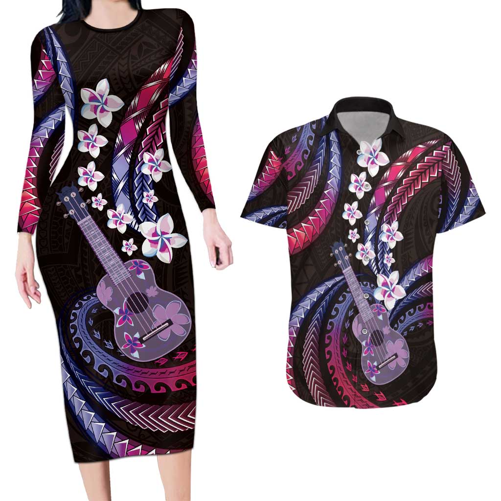 Hawaiian Ukulele Couples Matching Long Sleeve Bodycon Dress and Hawaiian Shirt Sweet Dream Fantastic Plumeria