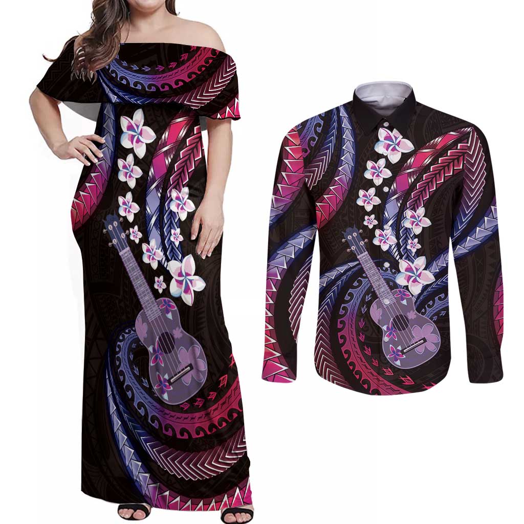 Hawaiian Ukulele Couples Matching Off Shoulder Maxi Dress and Long Sleeve Button Shirt Sweet Dream Fantastic Plumeria