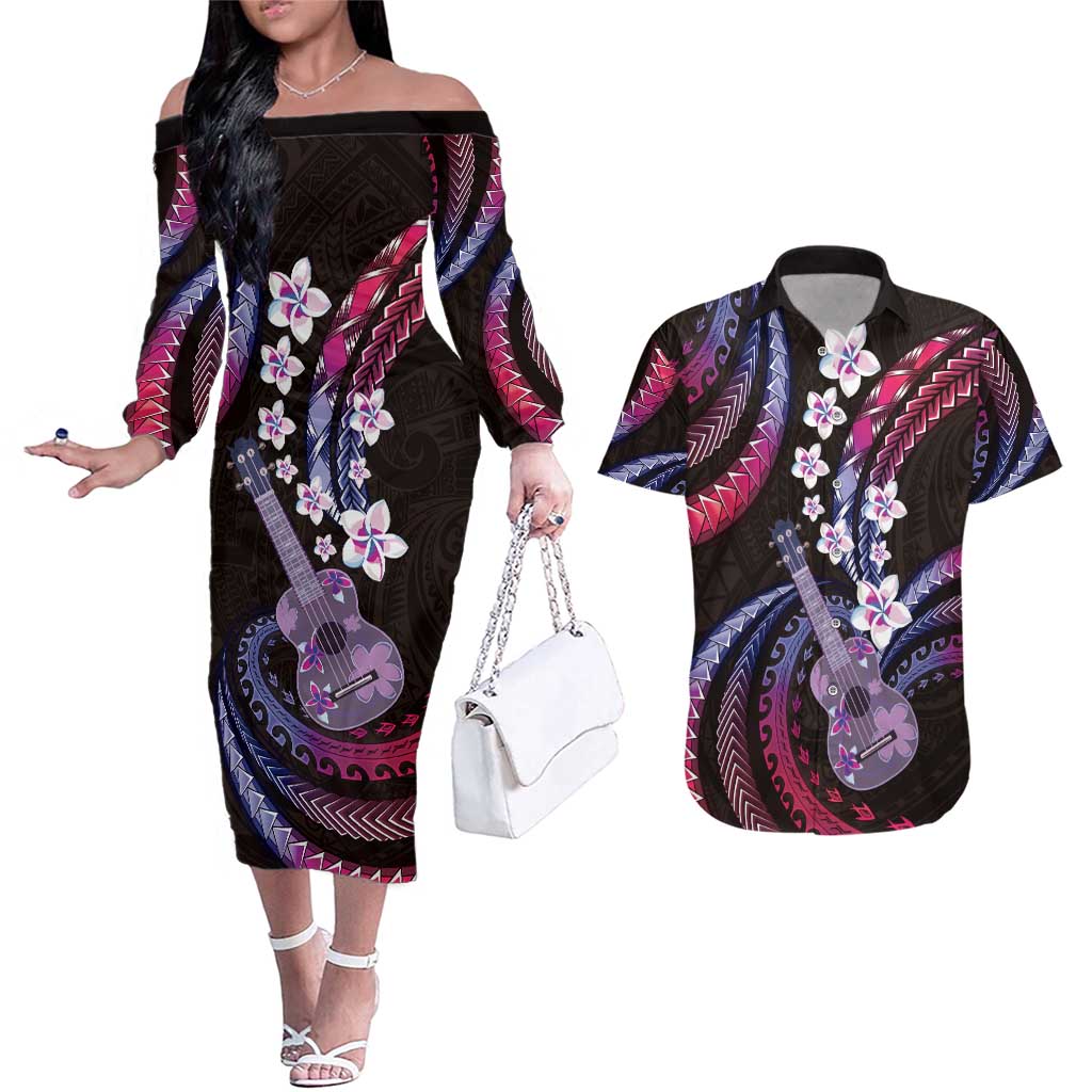 Hawaiian Ukulele Couples Matching Off The Shoulder Long Sleeve Dress and Hawaiian Shirt Sweet Dream Fantastic Plumeria