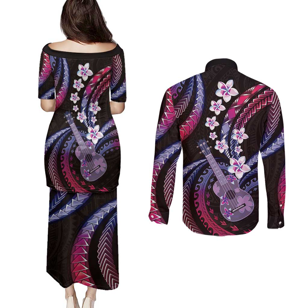 Hawaiian Ukulele Couples Matching Puletasi and Long Sleeve Button Shirt Sweet Dream Fantastic Plumeria