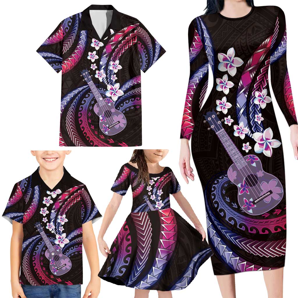Hawaiian Ukulele Family Matching Long Sleeve Bodycon Dress and Hawaiian Shirt Sweet Dream Fantastic Plumeria
