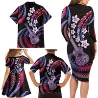Hawaiian Ukulele Family Matching Long Sleeve Bodycon Dress and Hawaiian Shirt Sweet Dream Fantastic Plumeria