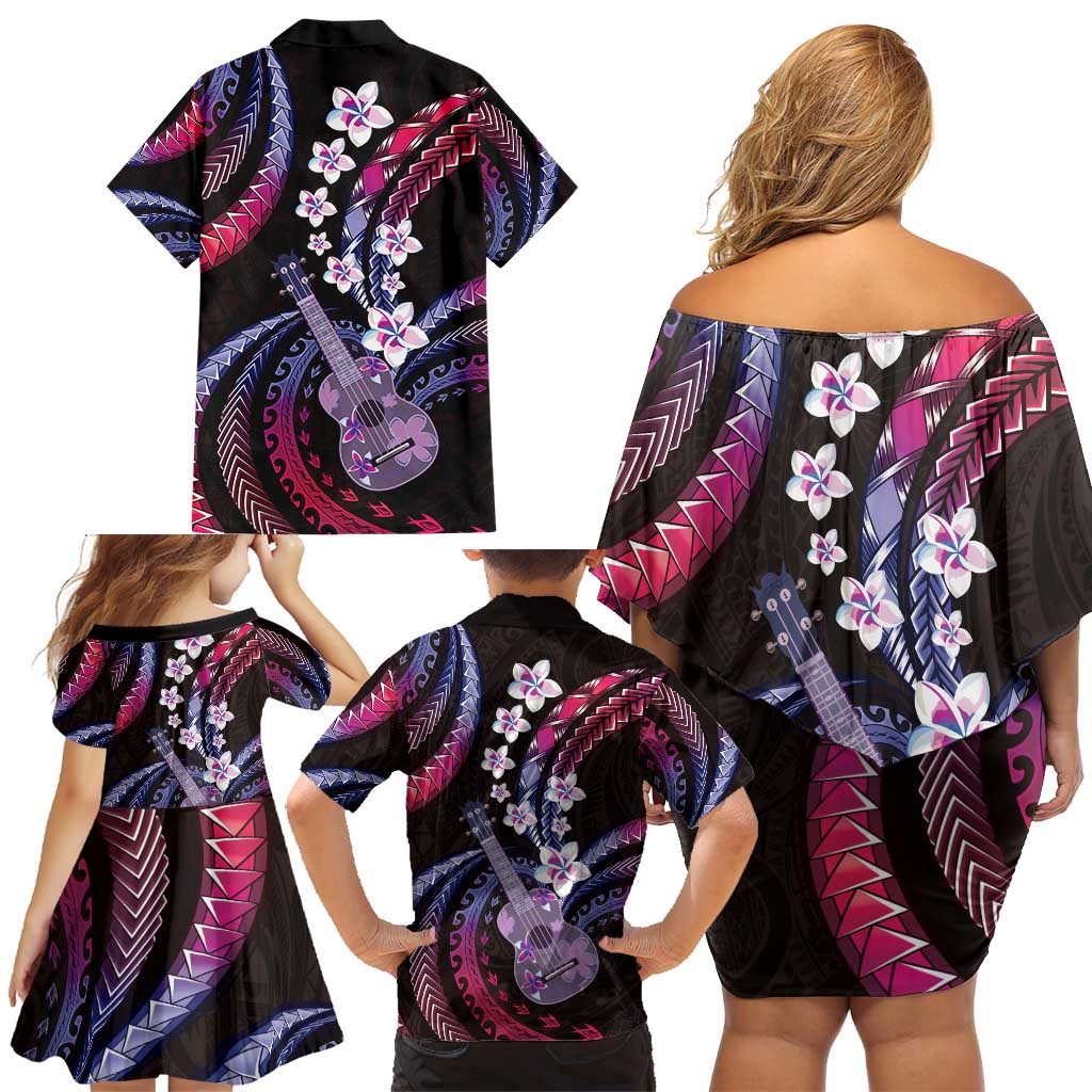Hawaiian Ukulele Family Matching Off Shoulder Short Dress and Hawaiian Shirt Sweet Dream Fantastic Plumeria
