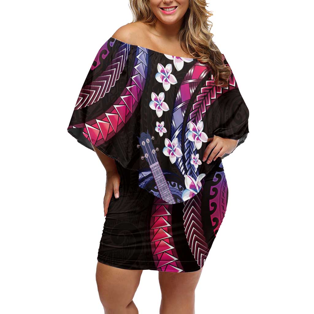 Hawaiian Ukulele Off Shoulder Short Dress Sweet Dream Fantastic Plumeria
