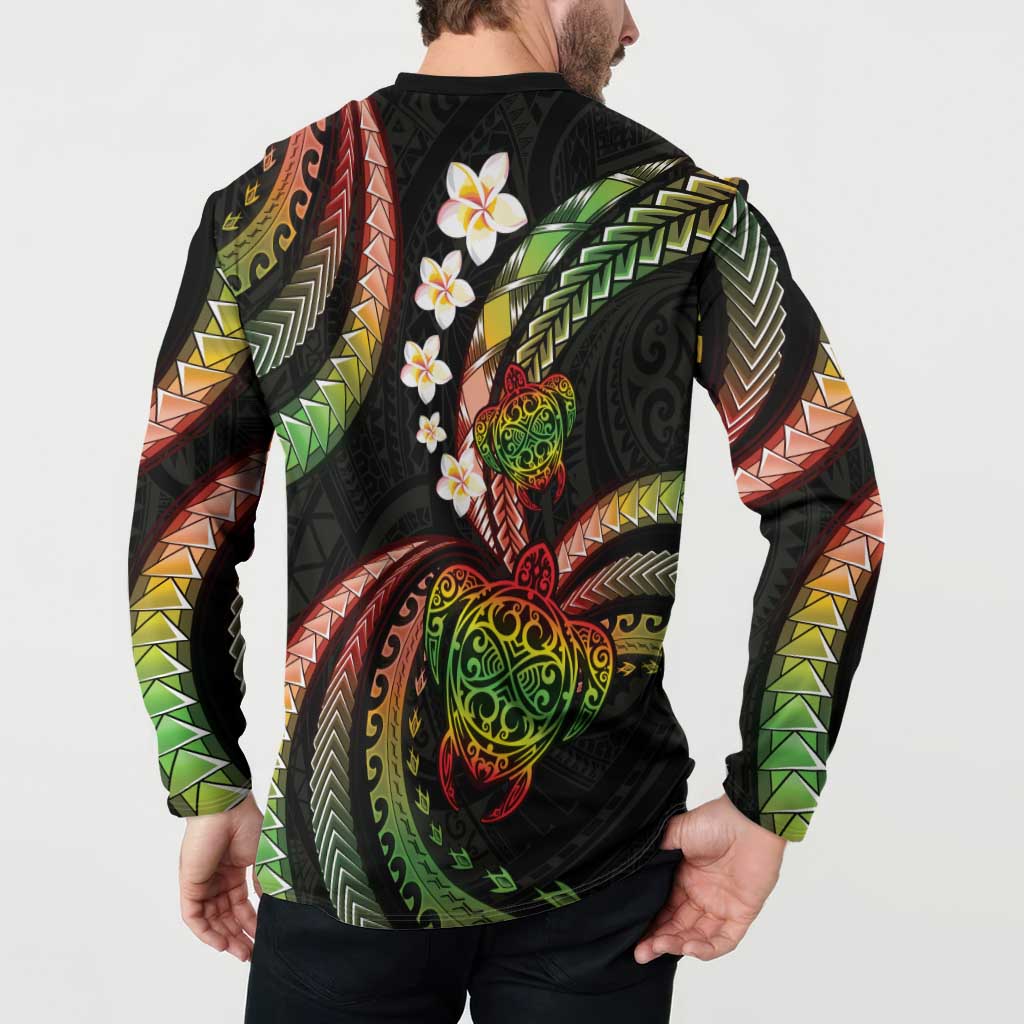 Hawaii Turtles Plumeria Button Sweatshirt Reggae Polynesian Pattern